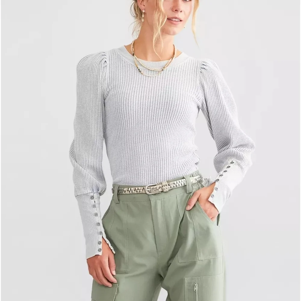 Free People One Wesley Thermal Top Size Medium Blue Moon Crop Cuffed Waffle Knit
